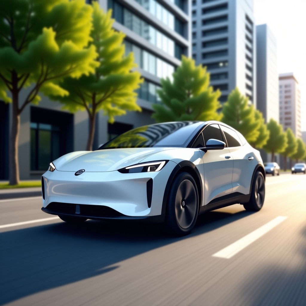 A modern and sleek compact electric hatchback car driving on a clean urban street during the day. The car has a smooth design with fluid lines. The background shows contemporary city buildings and green trees. High-quality lifestyle photography style, bright and natural lighting. 4:3