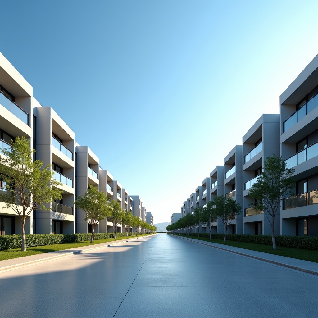 A panoramic view of a modern apartment complex in a clean urban environment under a clear blue sky, high-quality photography, 1:1