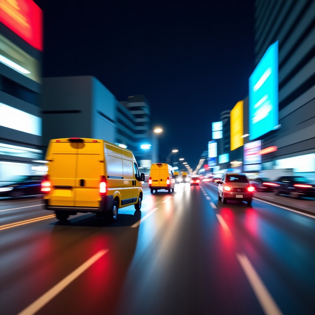 High speed motion blur of delivery trucks and scooters moving through a modern city street at night with neon lights, representing fast logistics and rapid service expansion, 4:3