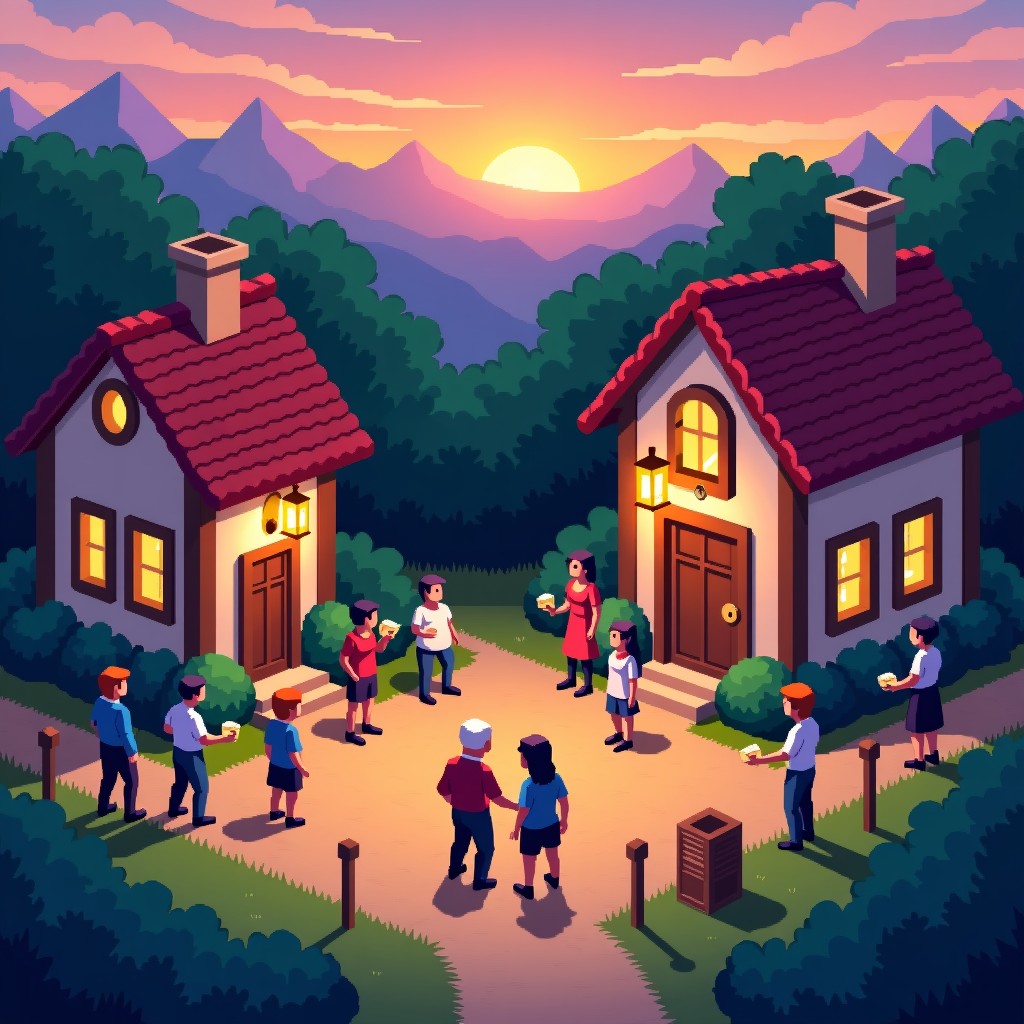 A peaceful pixel art village square with many different RPG characters talking and interacting, cozy atmosphere, sunset lighting. 1:1