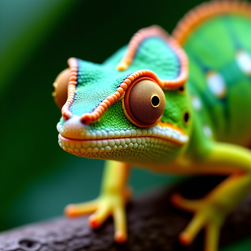 Close-up of a chameleon's head showing its rotating turret-like eyes, detailed scales and textures, vibrant green and yellow colors, blurred leafy background, 4:3