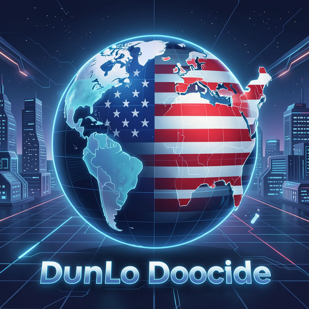 A futuristic illustration of a globe with an American flag overlay and a path leading to the United States, symbolizing the future of Donlo Doctrine, 1:1
