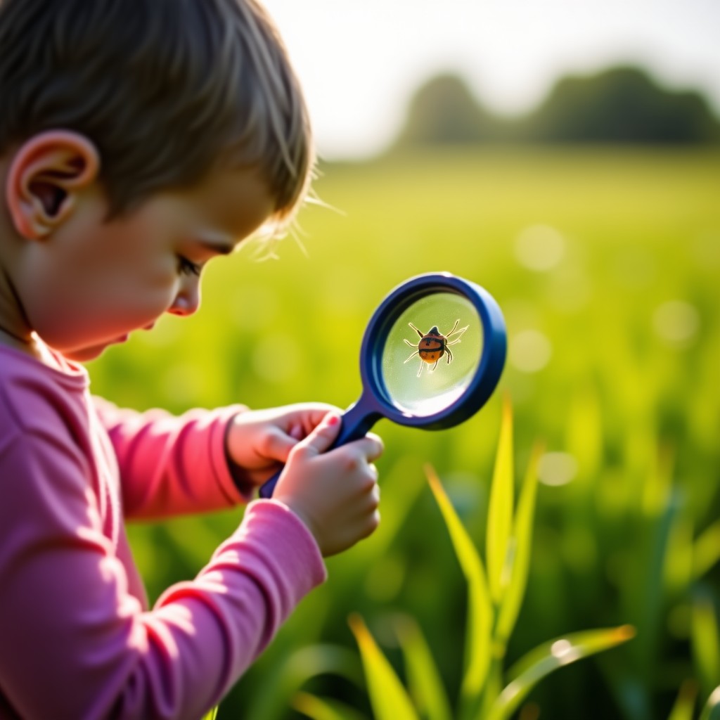 A close-up shot of a child using a magnifying glass to look at a spittlebug foam on a plant in a green field. Only hands and the magnifying glass are focused, soft sunlight, educational atmosphere, natural colors. 1:1