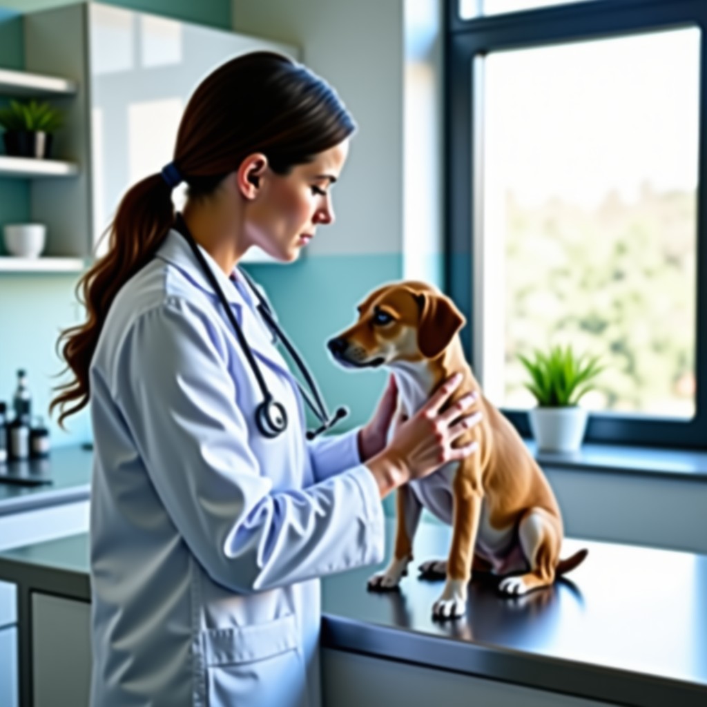 A professional veterinarian in a white coat gently examining a small dog on a metal medical table. Clean and modern veterinary clinic interior, bright and balanced lighting, 4:3