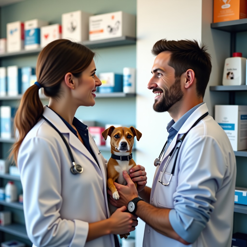 A friendly pharmacist consulting a pet owner in a modern bright pharmacy, blurred background of pet supply shelves, natural lighting, high quality, 1:1