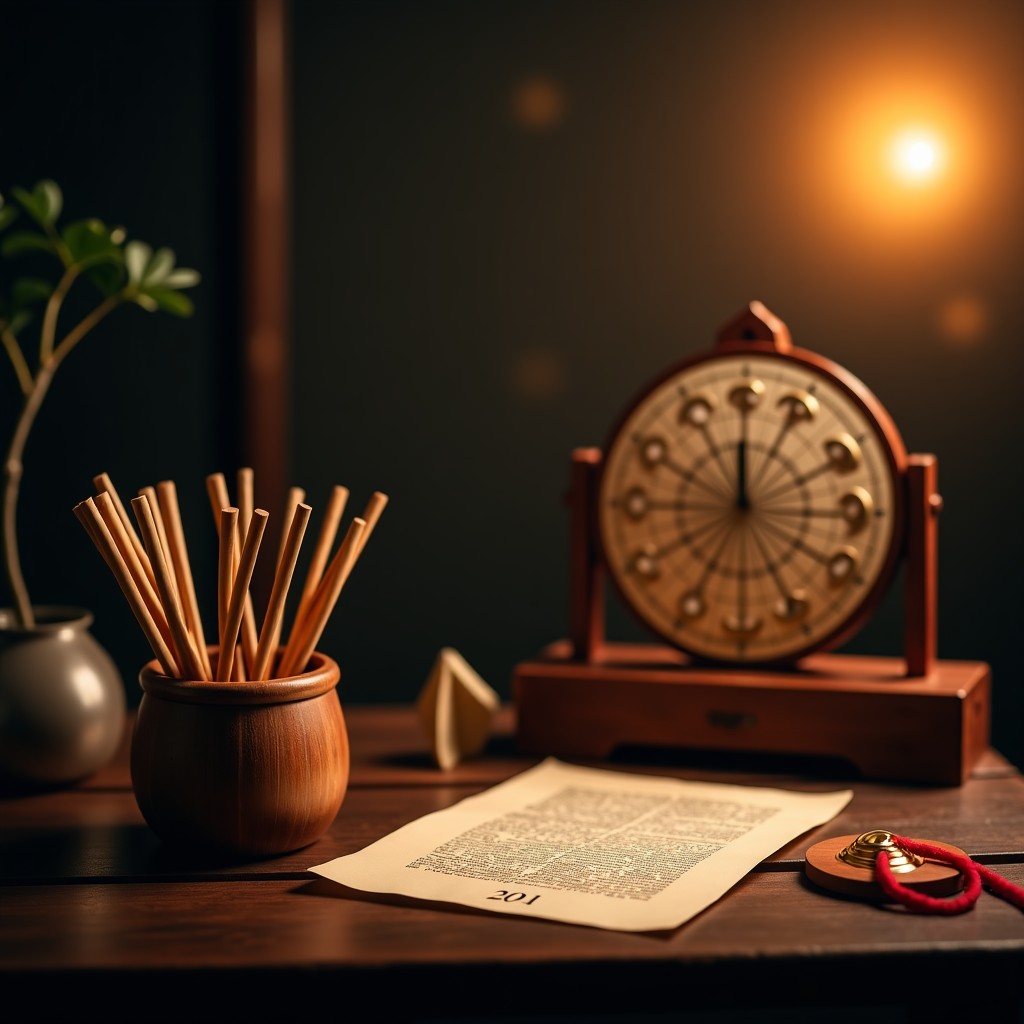 A mystical and serene setting with traditional Asian fortune-telling items, wooden divination sticks in a bamboo cup, an old lunar calendar on a dark wooden table, soft warm lighting, cinematic atmosphere, high resolution, 4:3