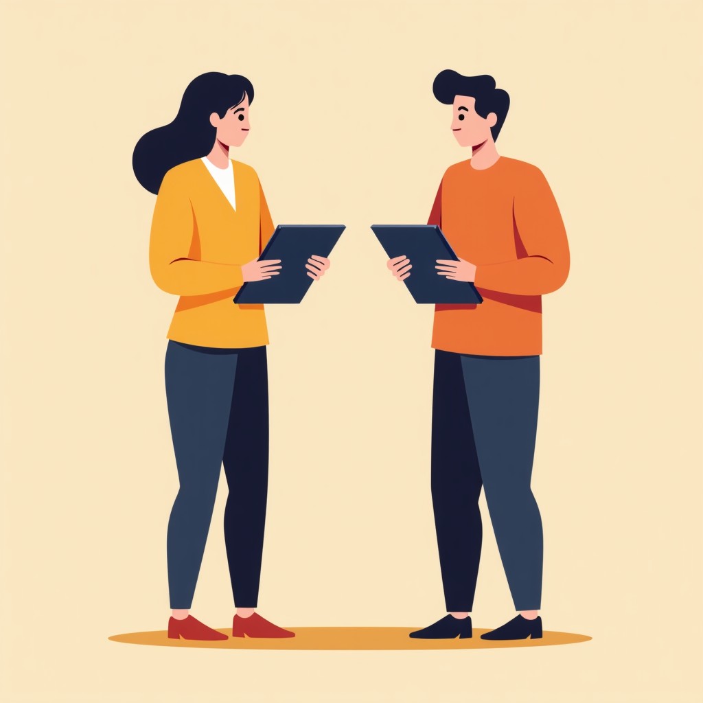 A conceptual illustration comparing two different personality types: one focused and direct, the other soft and collaborative, modern flat design, warm colors, 1:1