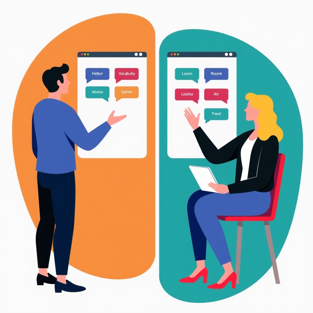 A creative split-screen illustration showing two different styles of learning: one focused on vocabulary games and the other on conversational AI practice. Vibrant colors, modern graphic style. No text visible. 1:1
