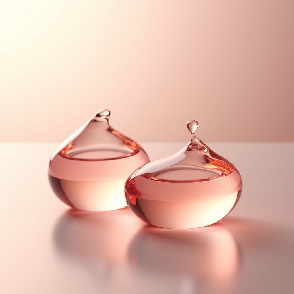 Two drops of skin tint in ivory and rosy pink colors on a clean glass surface. Elegant and artistic composition with soft lighting. 1:1