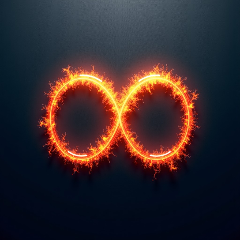 Abstract artistic representation of two glowing circles overlapping to form an infinity symbol. Modern and textured background with a mystical atmosphere. High contrast, 4:3