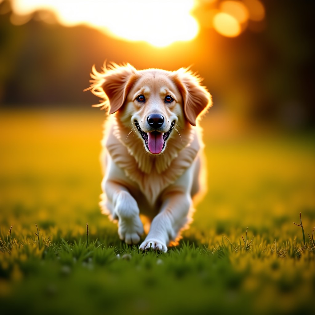 A Golden Retriever running joyfully in a green meadow, sunset lighting, beautiful bokeh background, cinematic photography, 4:3