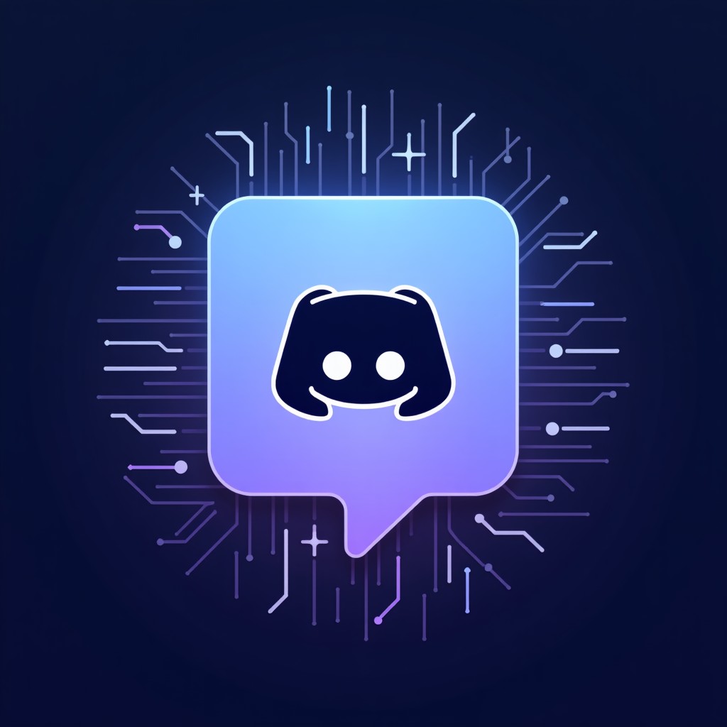 A professional digital illustration of the Discord logo integrated with a futuristic holographic lock and data encryption lines. High-tech blue and purple aesthetic, clean layout, modern software interface vibes. No text. 4:3
