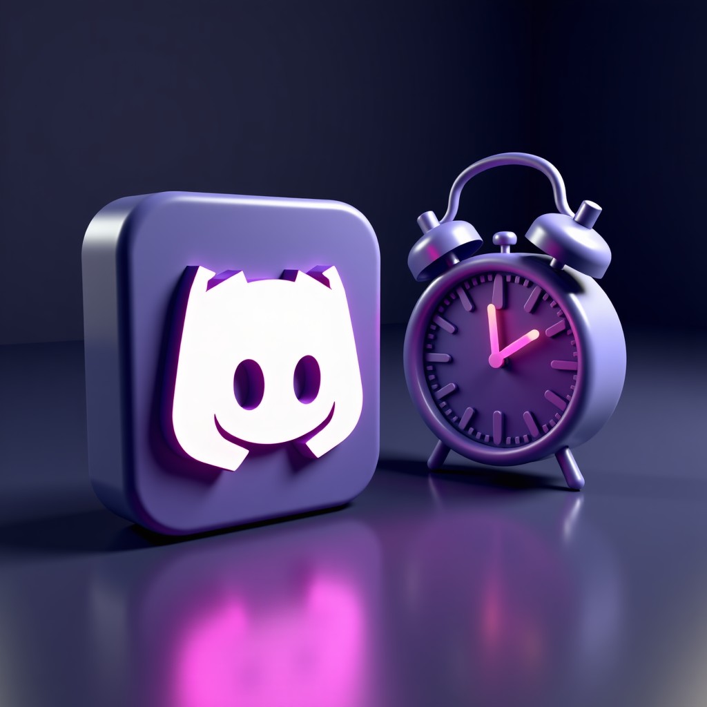 A sleek and modern 3D Discord logo placed next to a stylized digital clock showing a delayed status. The background is a dark purple gradient with subtle tech patterns. Professional studio lighting, 4:3.