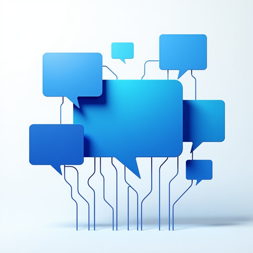 An abstract representation of a digital network and speech bubbles, clean modern design, blue and white color palette, high contrast, 4:3