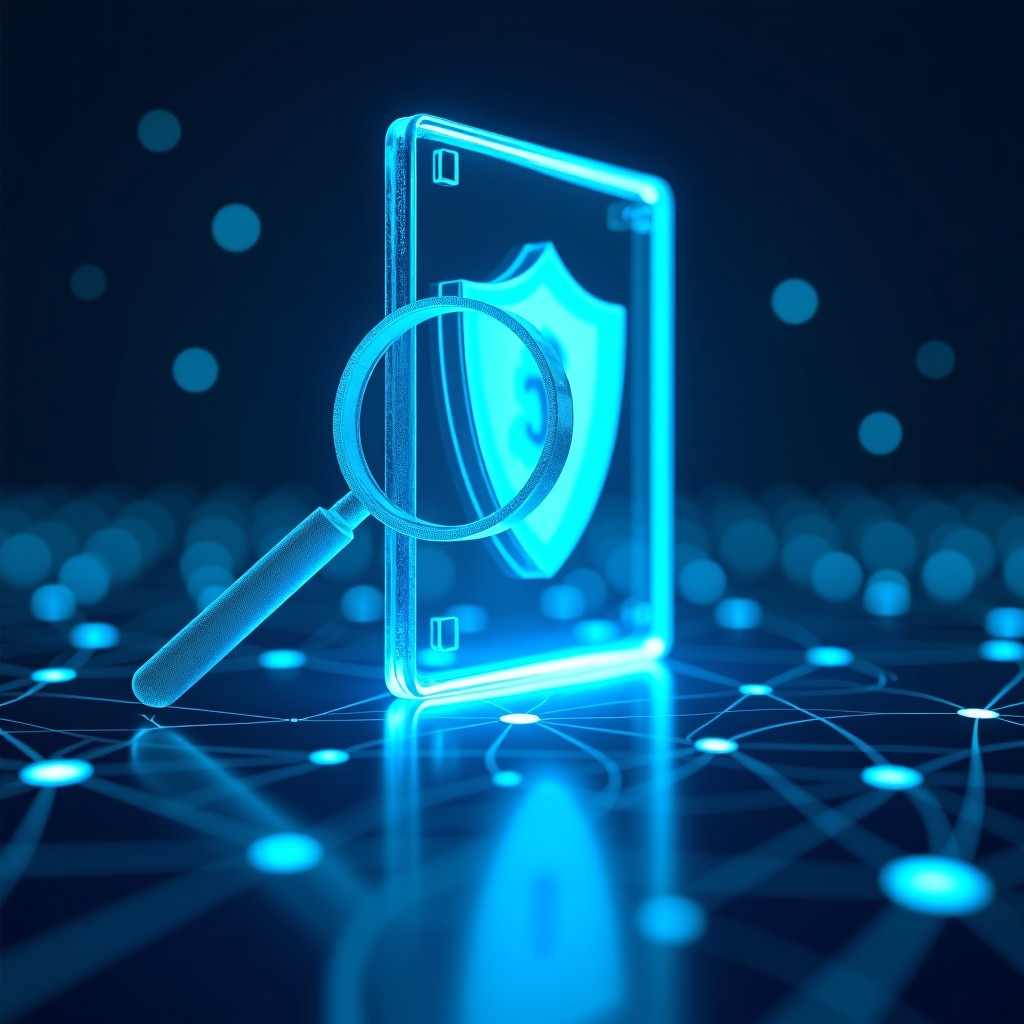 A futuristic digital shield and a magnifying glass analyzing data streams, representing online security and authenticity, glowing blue and cyan tones, 1:1