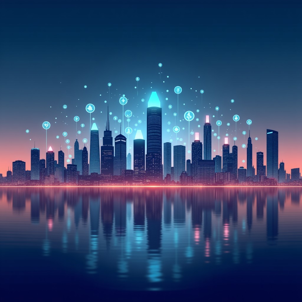 A futuristic city skyline at night with holographic financial data and blockchain icons floating in the air, symbolic of the future of digital finance, sophisticated and hopeful mood, high-quality digital art, 4:3