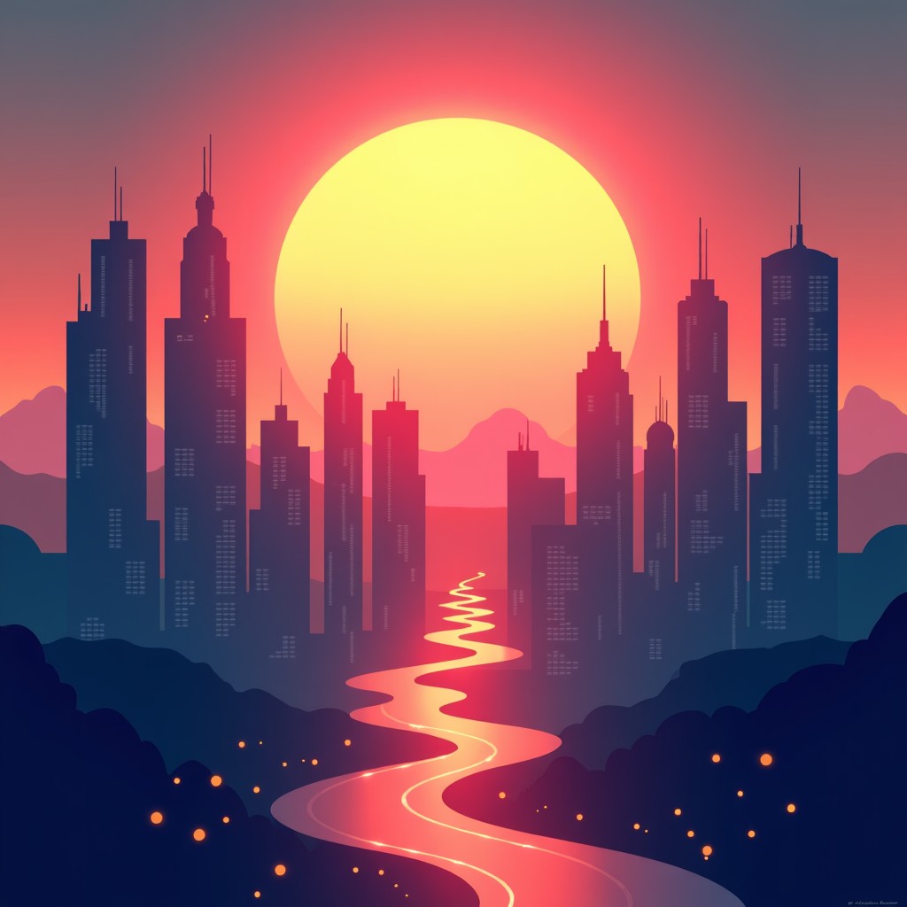 A futuristic cityscape with a digital sun rising, symbolizing the long-term maturation of financial technology, 4:3