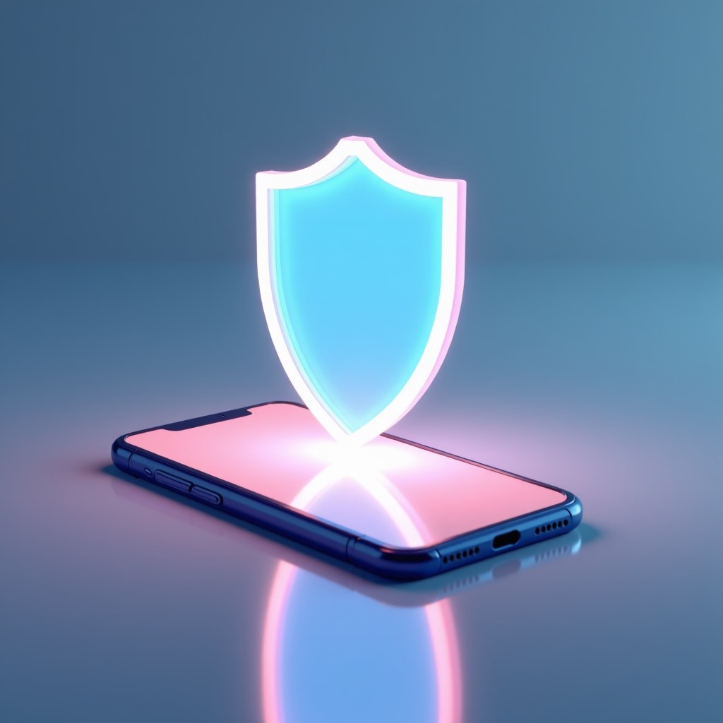 A conceptual illustration of a digital shield protecting a smartphone, soft textures, artistic rendering, calm and safe atmosphere, 4:3