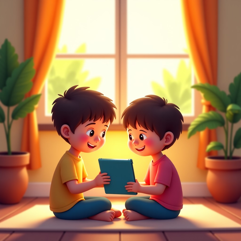 Children sitting in a bright and safe living room environment looking at a tablet screen together, happy and secure atmosphere, artistic rendering, 4:3