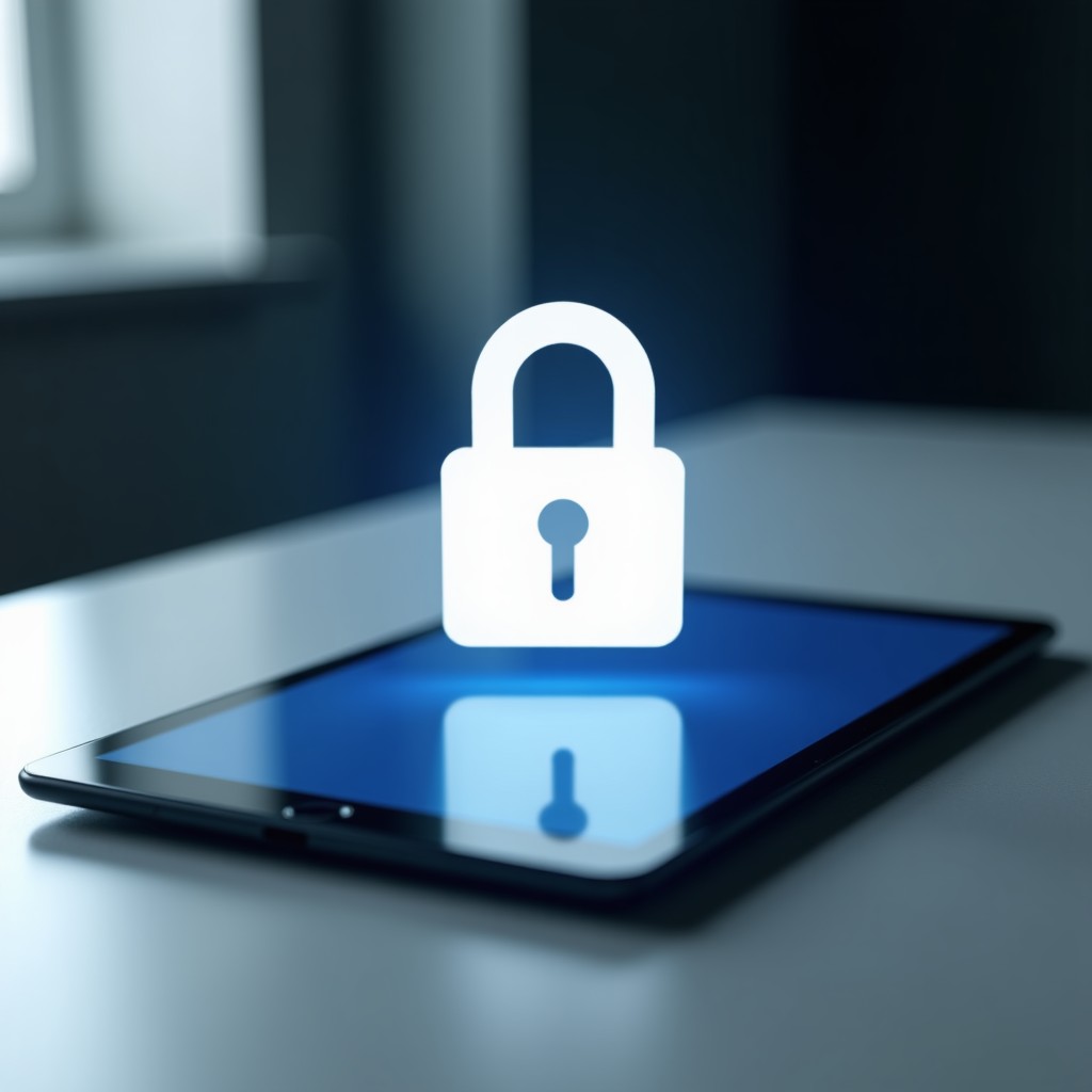 A modern digital tablet showing blurred social media interface with a 3D translucent safety lock icon floating above it, high contrast, clean informational style, 1:1