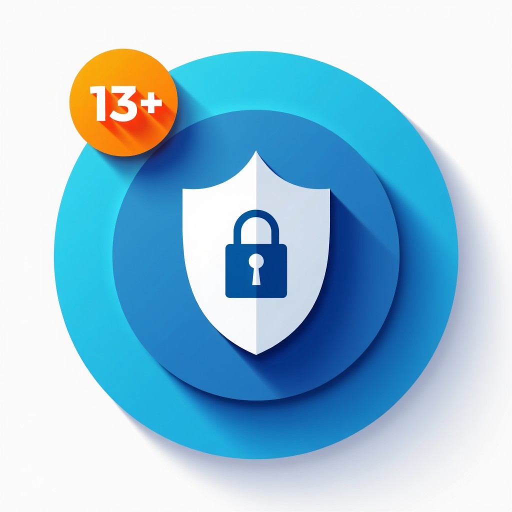 A clean infographic showing a digital security shield with an age verification icon 13 plus, modern blue and orange color scheme, colored background, 4:3