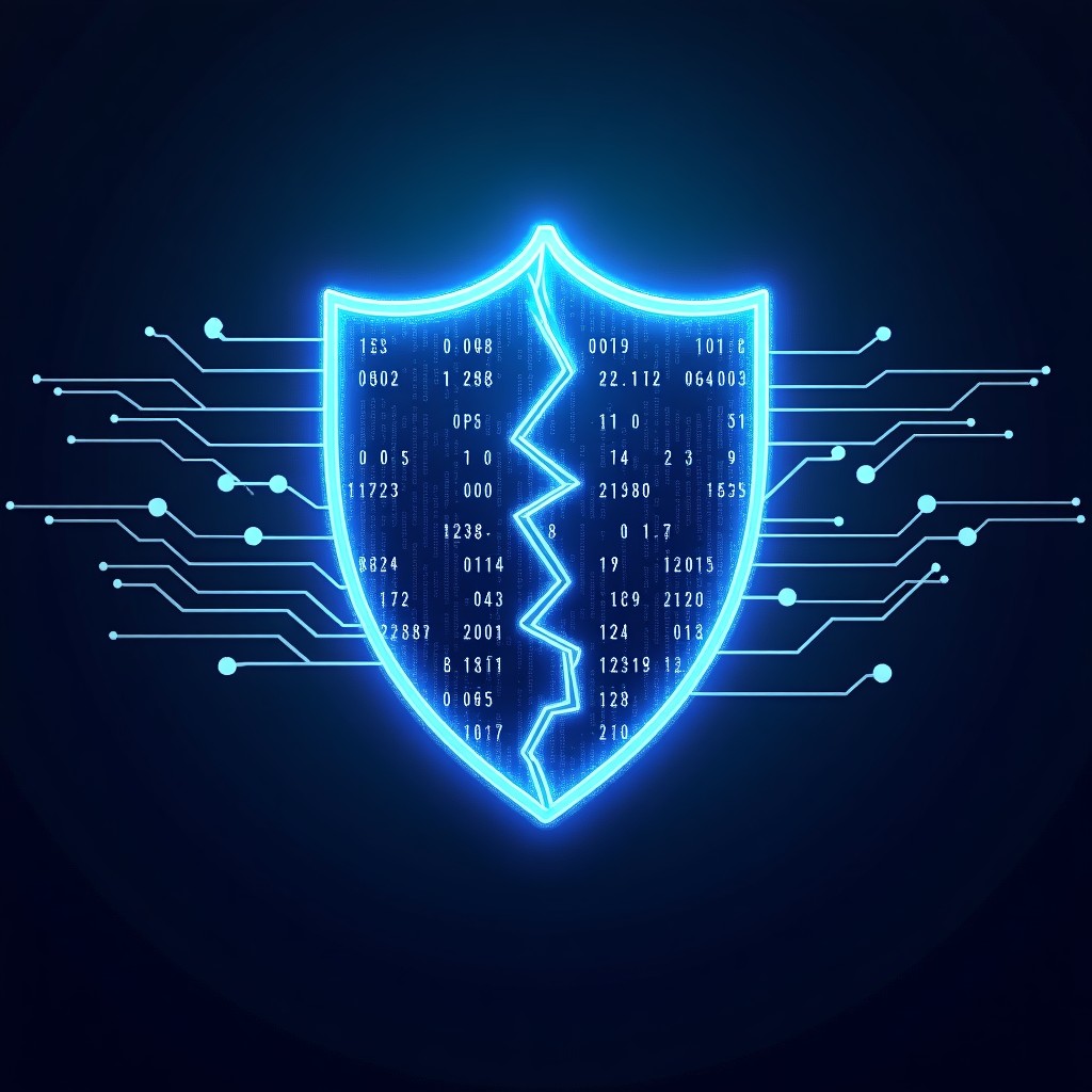 Abstract digital visualization of data streams passing through a broken shield icon. Glowing binary codes and circuit lines with a glitch effect. Modern and high-tech style. 4:3