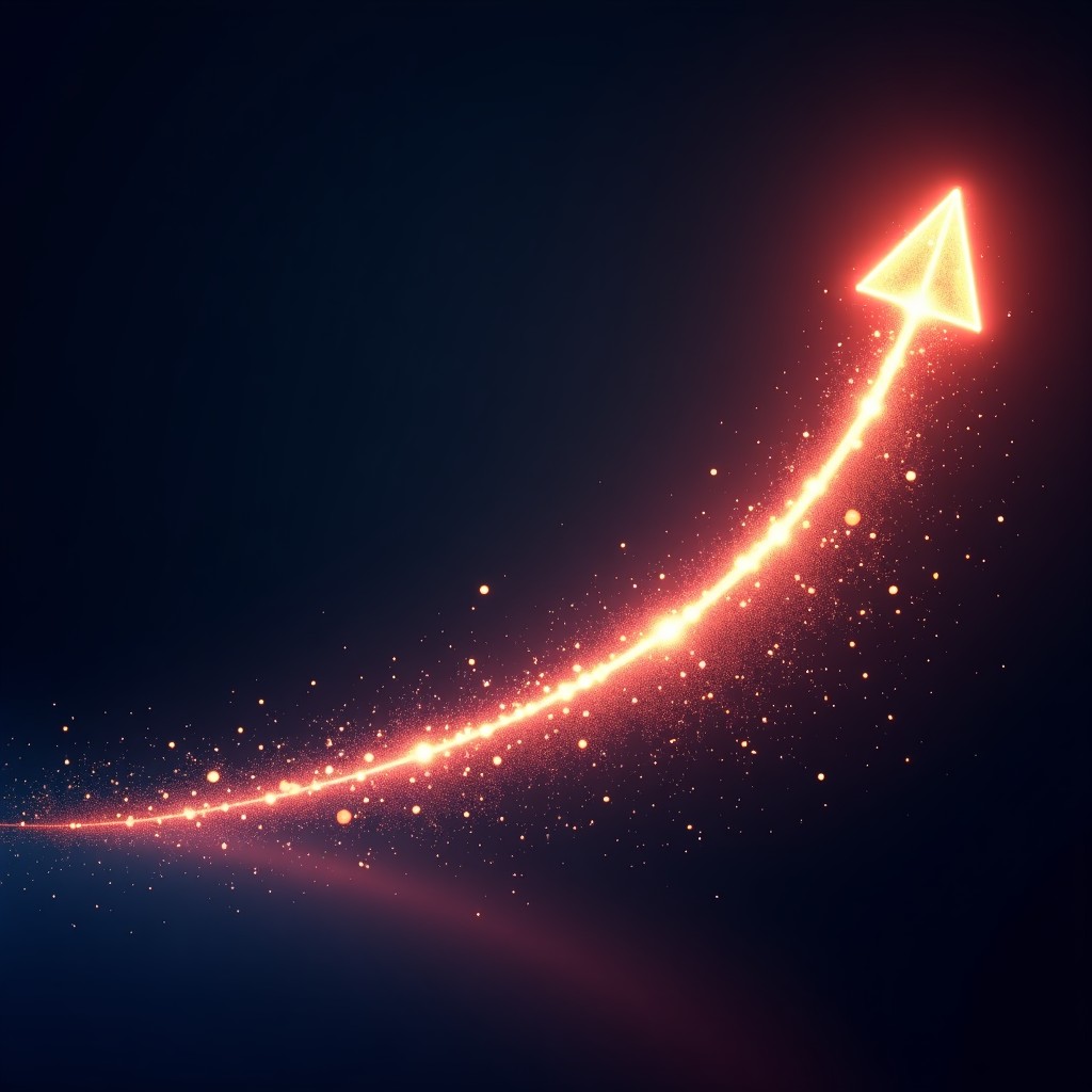 Abstract representation of exponential growth with glowing digital particles forming a rising curve on a dark background, high contrast, modern data visualization style, 4:3