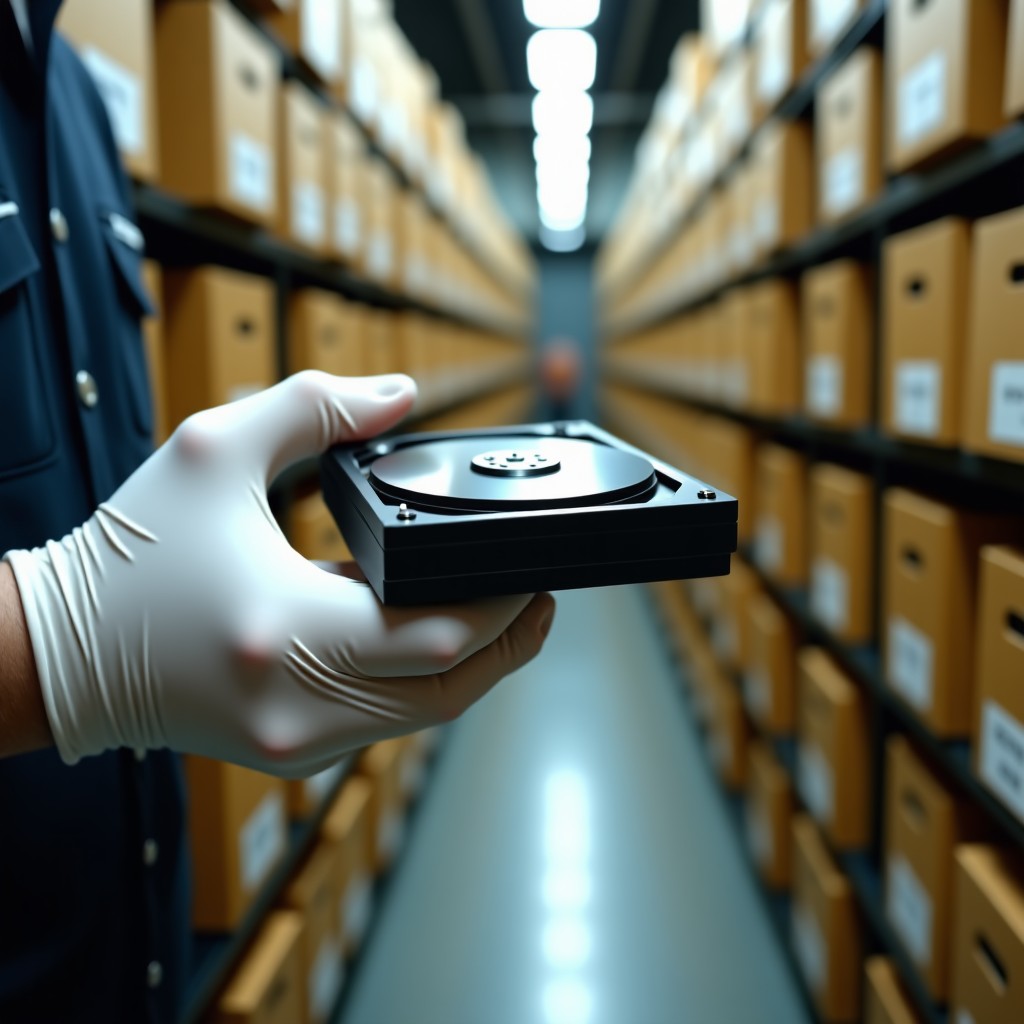 A close up shot of a person wearing white museum gloves holding a vintage hard drive or a digital storage device. In the background, there are rows of museum archive boxes and soft studio lighting. 4:3