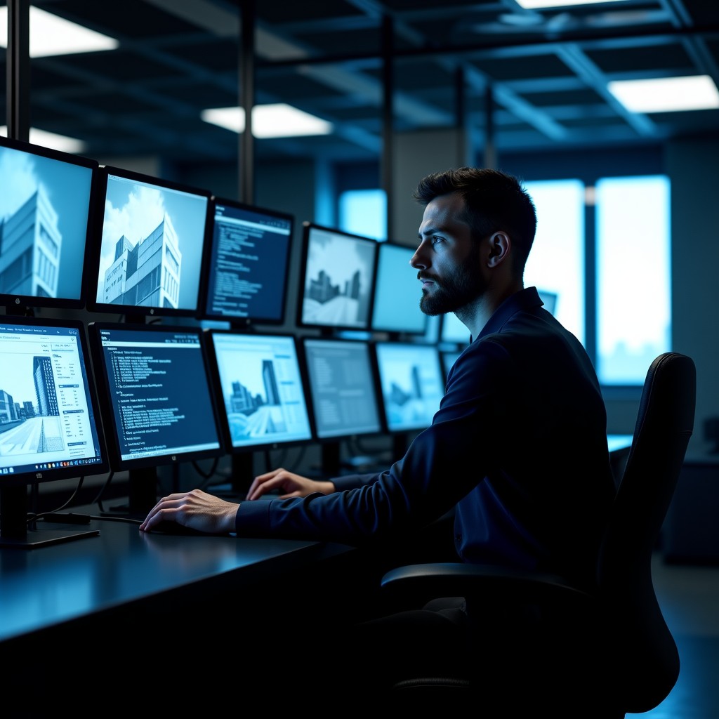 A professional investigator working in a high-tech dark room with multiple computer screens displaying digital data and blurred architectural photos, cinematic lighting, realistic style, 4:3