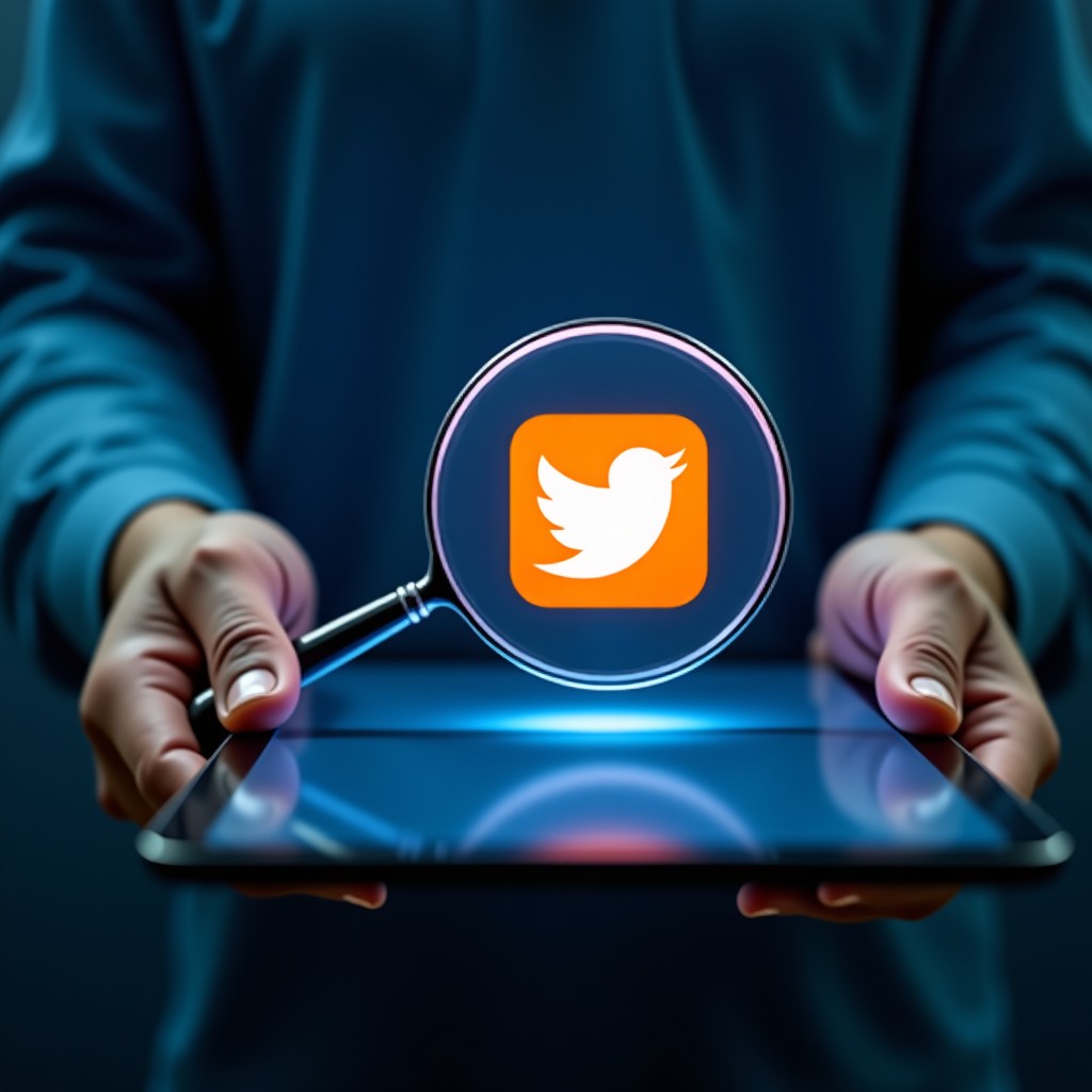 A macro shot of a hand holding a glowing digital magnifying glass over a stylized social media bird logo on a tablet screen. Deep blue and orange color palette. No text. 1:1