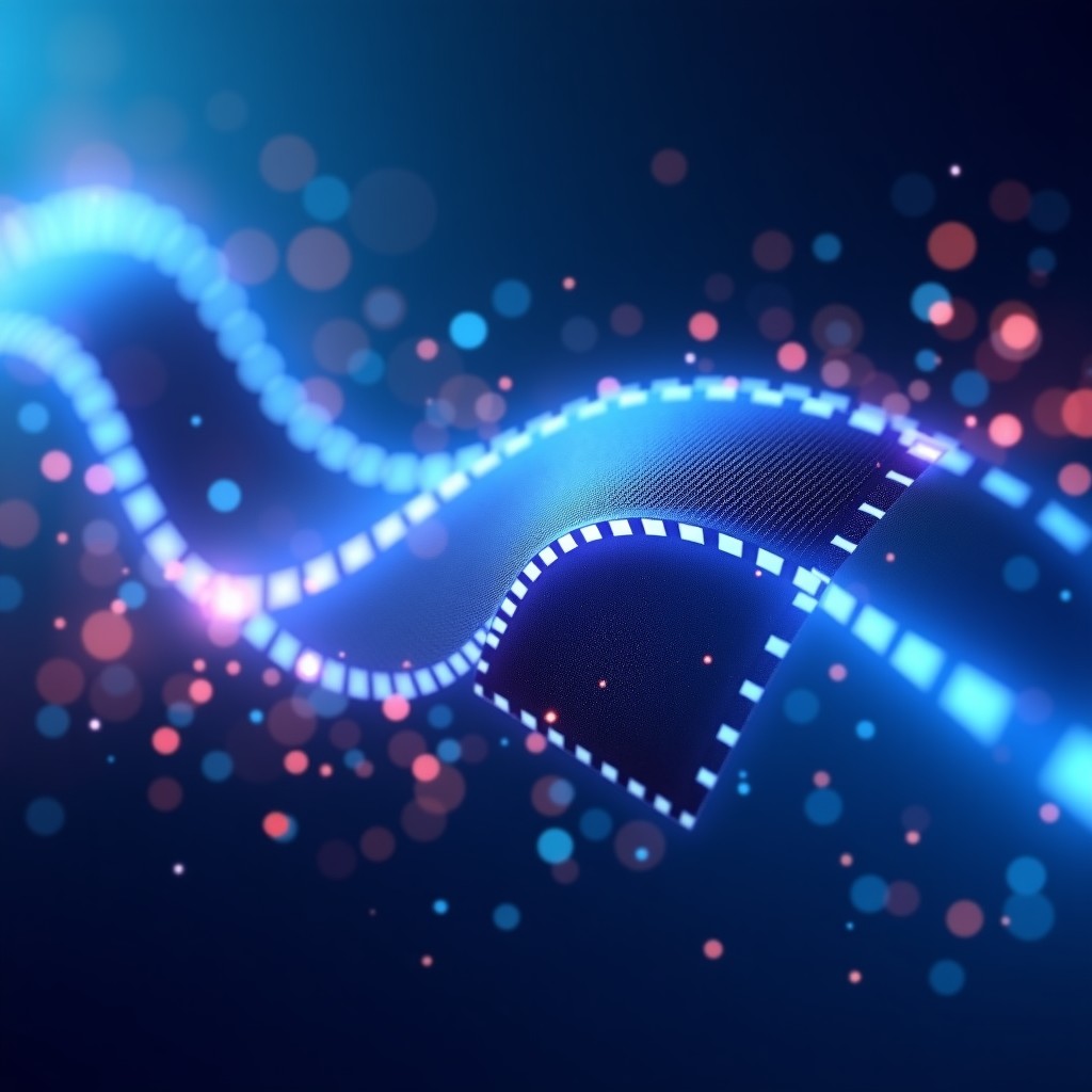 Abstract digital composition showing film strips merging into streaming data waves, blue and purple color tones, high contrast, modern artistic style, 4:3