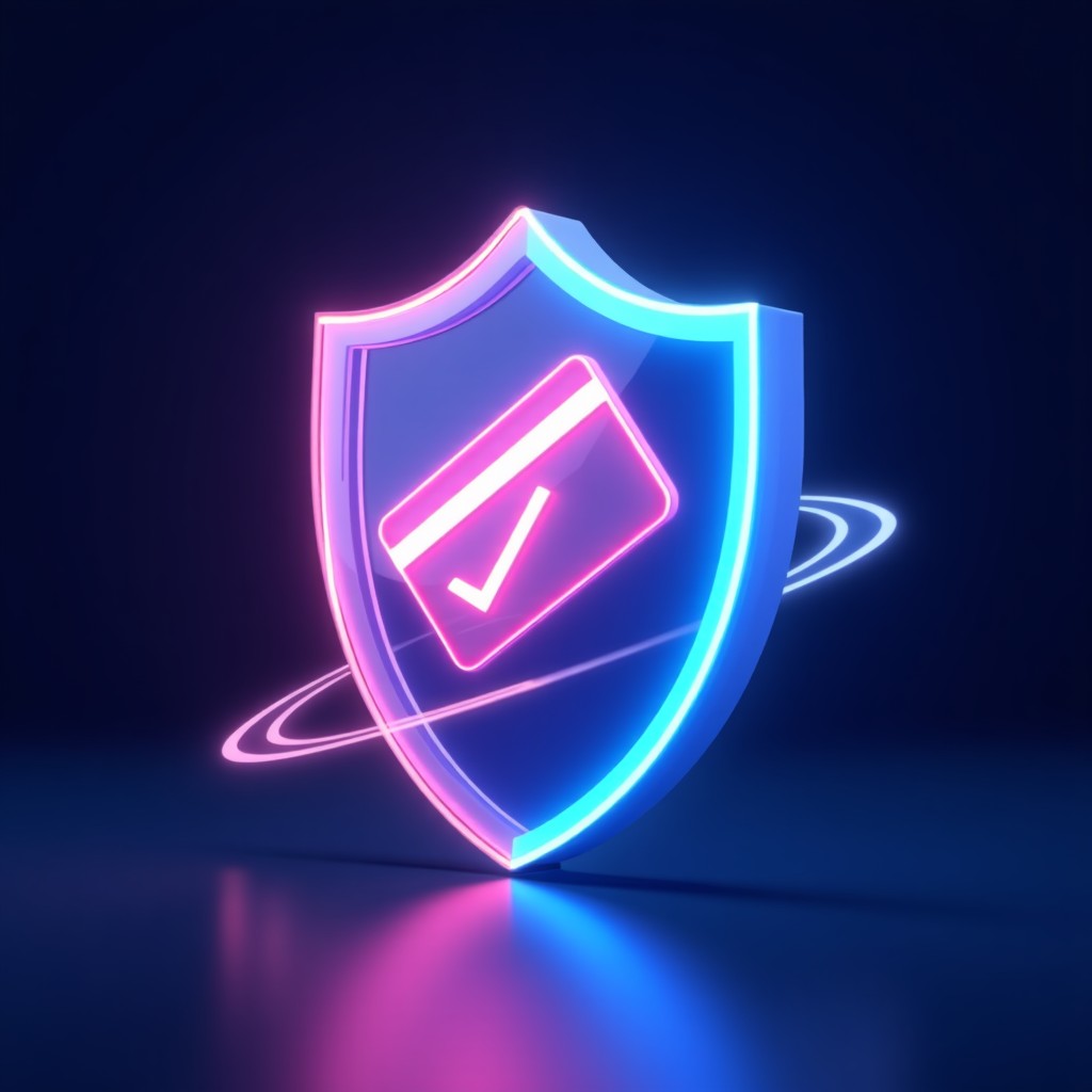 A high-tech digital shield icon glowing in blue and purple light with a stylized credit card floating nearby. Representing secure online verification. Modern layout, 4:3.
