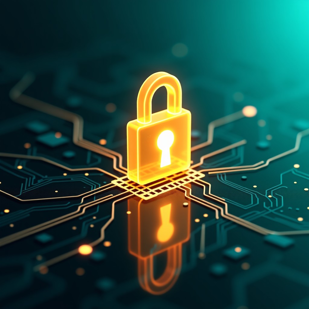Abstract digital security concept, a glowing lock icon floating over a complex circuit board with neural network lines, cinematic lighting, teal and gold colors, high resolution, 4:3