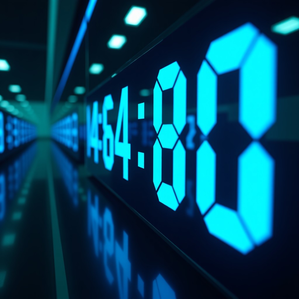 A cinematic close-up of a high-tech digital clock showing exactly 48:00 with glowing neon blue light. The background is a blurred data center with streams of binary code flowing. Modern and sharp atmosphere. 1:1