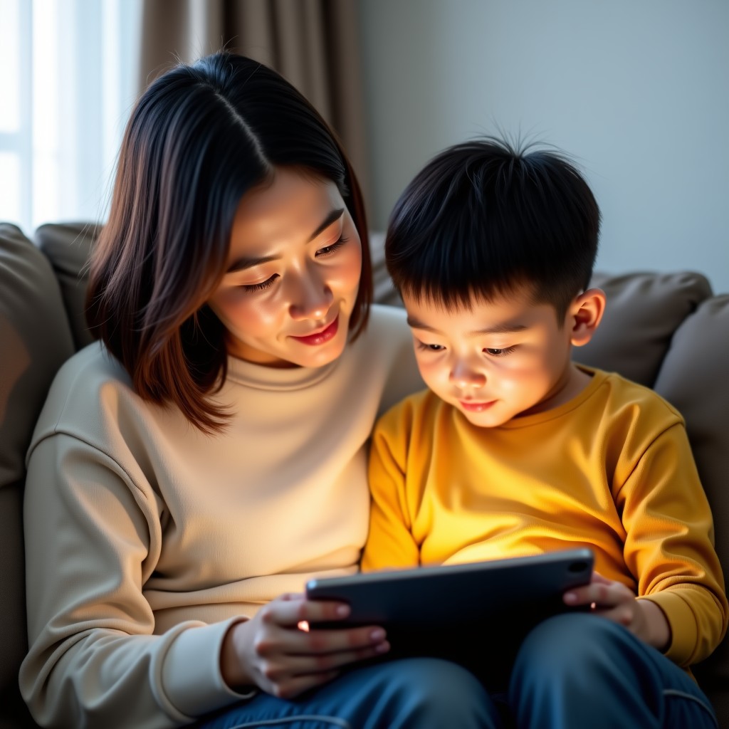 A lifestyle photography of a Korean mother and her young son sitting together on a sofa looking at a tablet screen and talking, warm and safe atmosphere, natural setting, 4:3