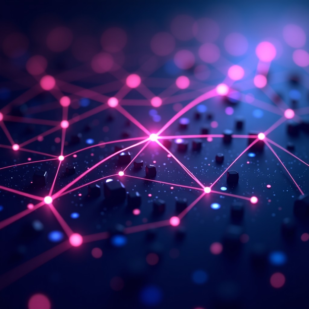 Abstract representation of digital communication networks, glowing lines connecting nodes, high tech aesthetic, deep purple and blue colors, 4:3