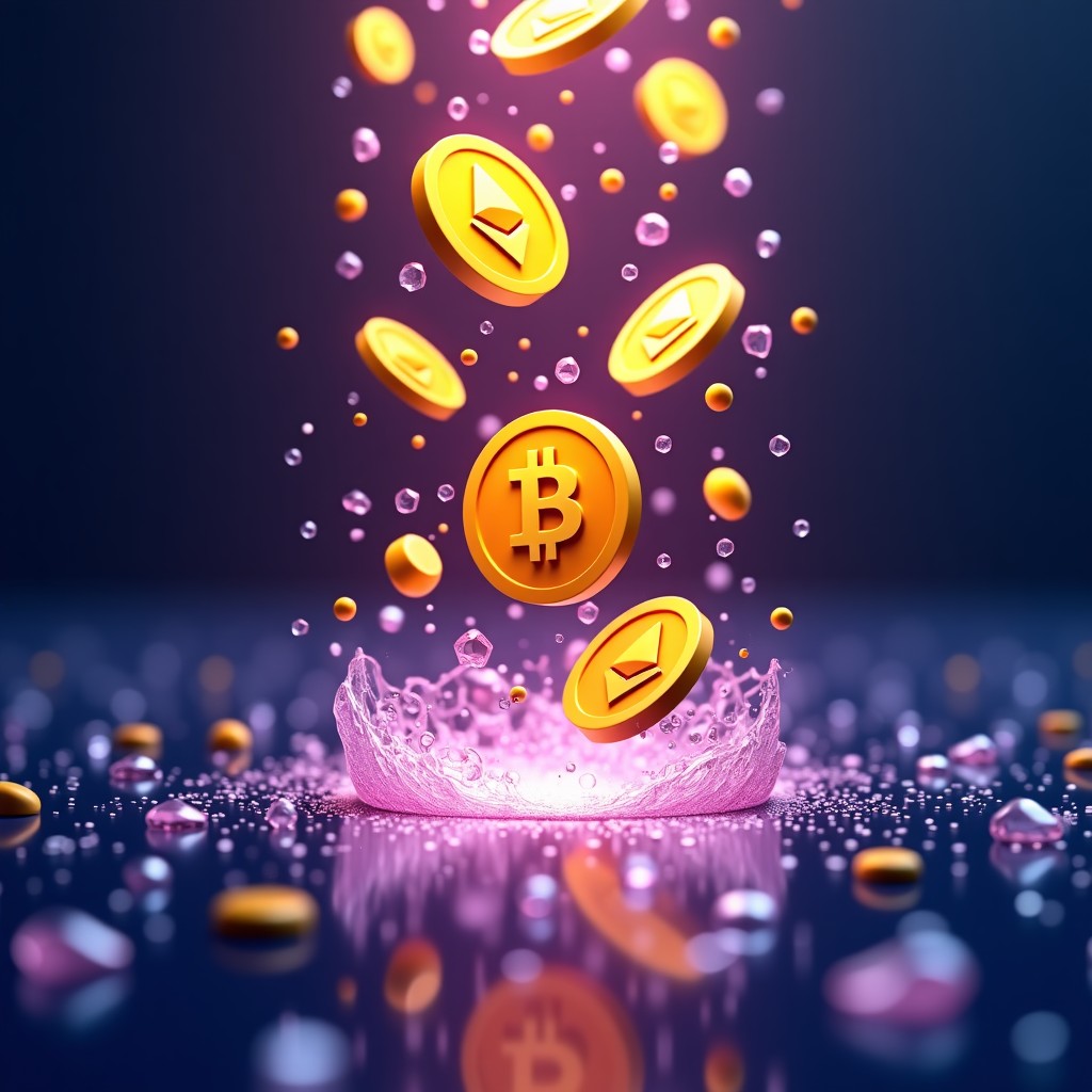Abstract visualization of cryptocurrency tokens like Bitcoin and Ethereum falling through a digital void with shattered glass effects, 4:3
