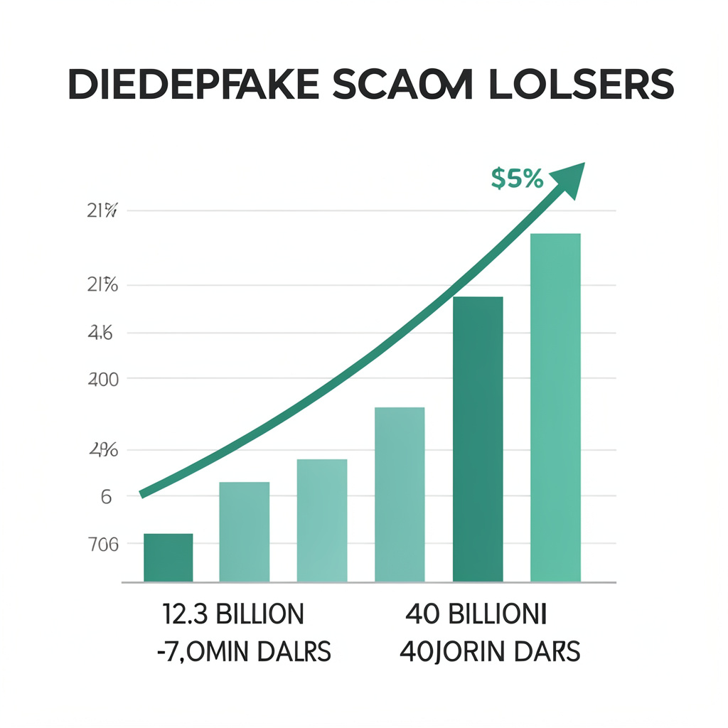 A graph showing the increase in deepfake scam losses from 12.3 billion dollars to 40 billion dollars, minimalist infographic style, 4:3