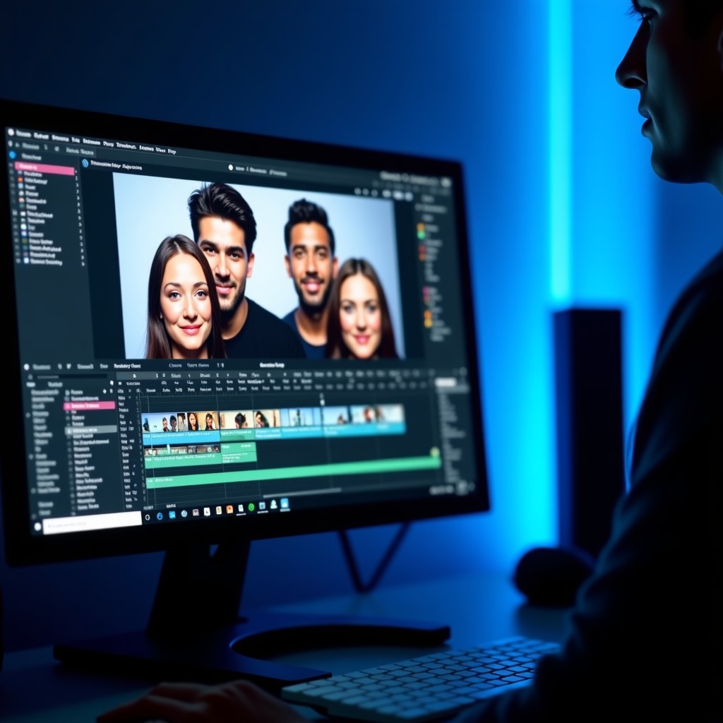 Close up of a computer screen showing AI video editing software with distorted human faces, dark room with neon blue light, 4:3