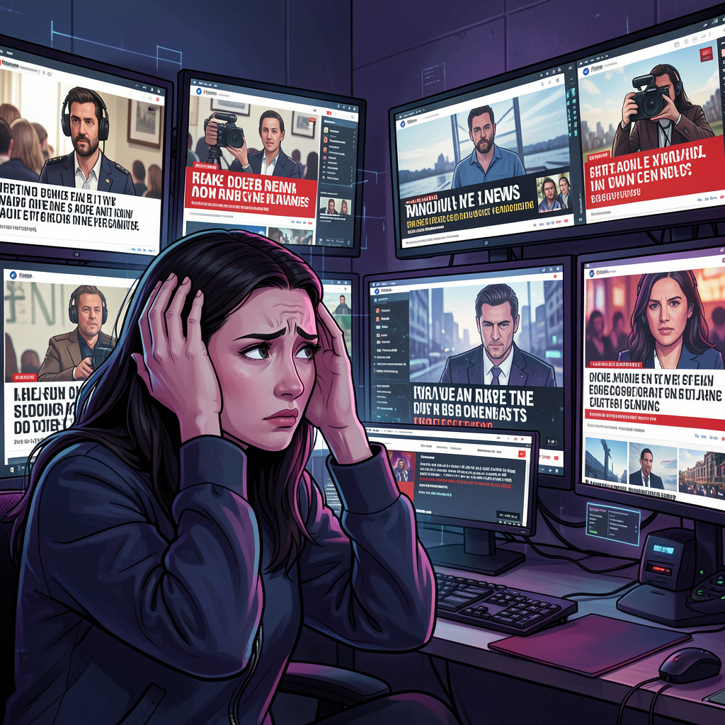 A woman shaking her head in confusion while looking at multiple screens showing fake news clips, digital art style, 4:3
