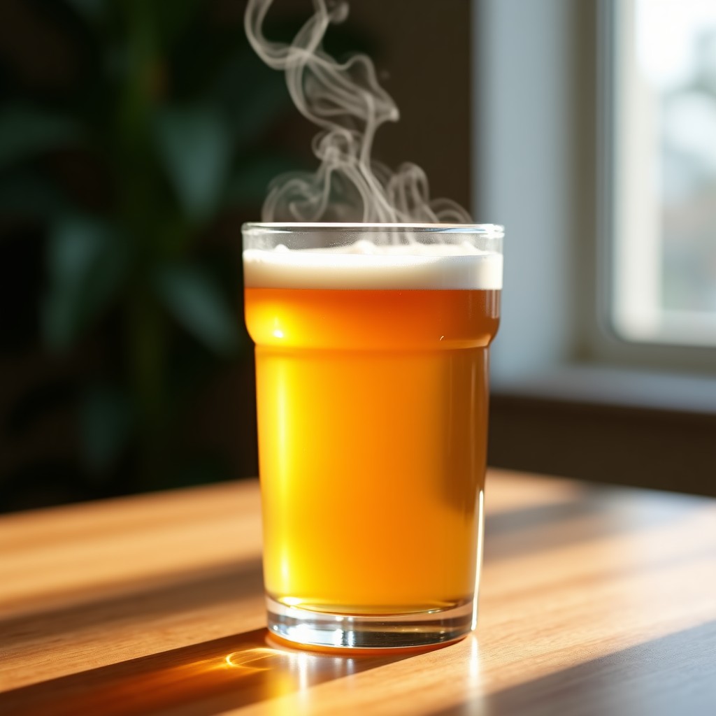 A transparent glass of warm barley tea with steam rising, placed on a wooden table. The lighting is soft and natural, creating a cozy and healthy atmosphere. High quality lifestyle photography. 1:1