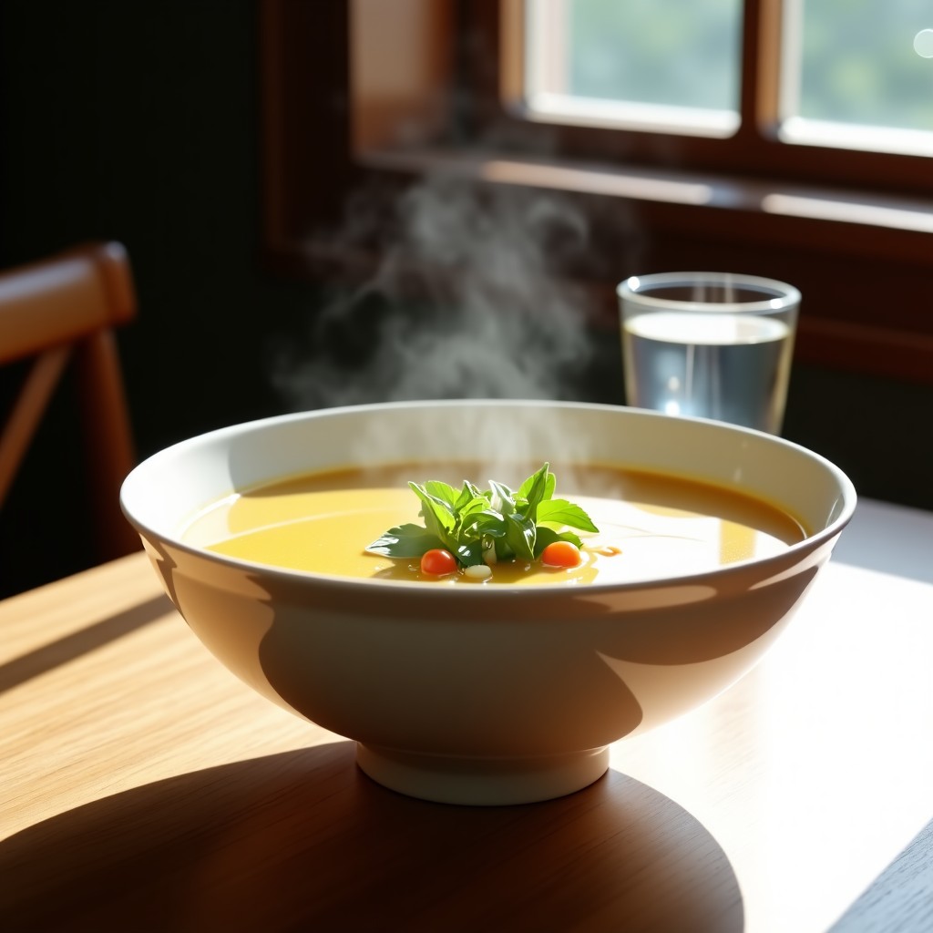 A steaming bowl of creamy vegetable soup served with a glass of pure water. High-end restaurant style, minimalist setting, soft steam rising from the bowl, clean and healthy vibe. 1:1
