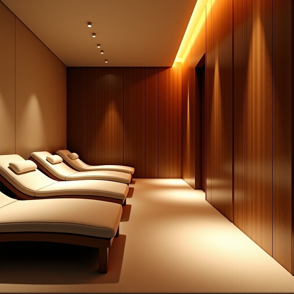 A cozy and luxurious indoor spa lounge with warm lighting, modern wooden architecture, comfortable reclining chairs, and a peaceful atmosphere. Centum Spa Land style. 4:3
