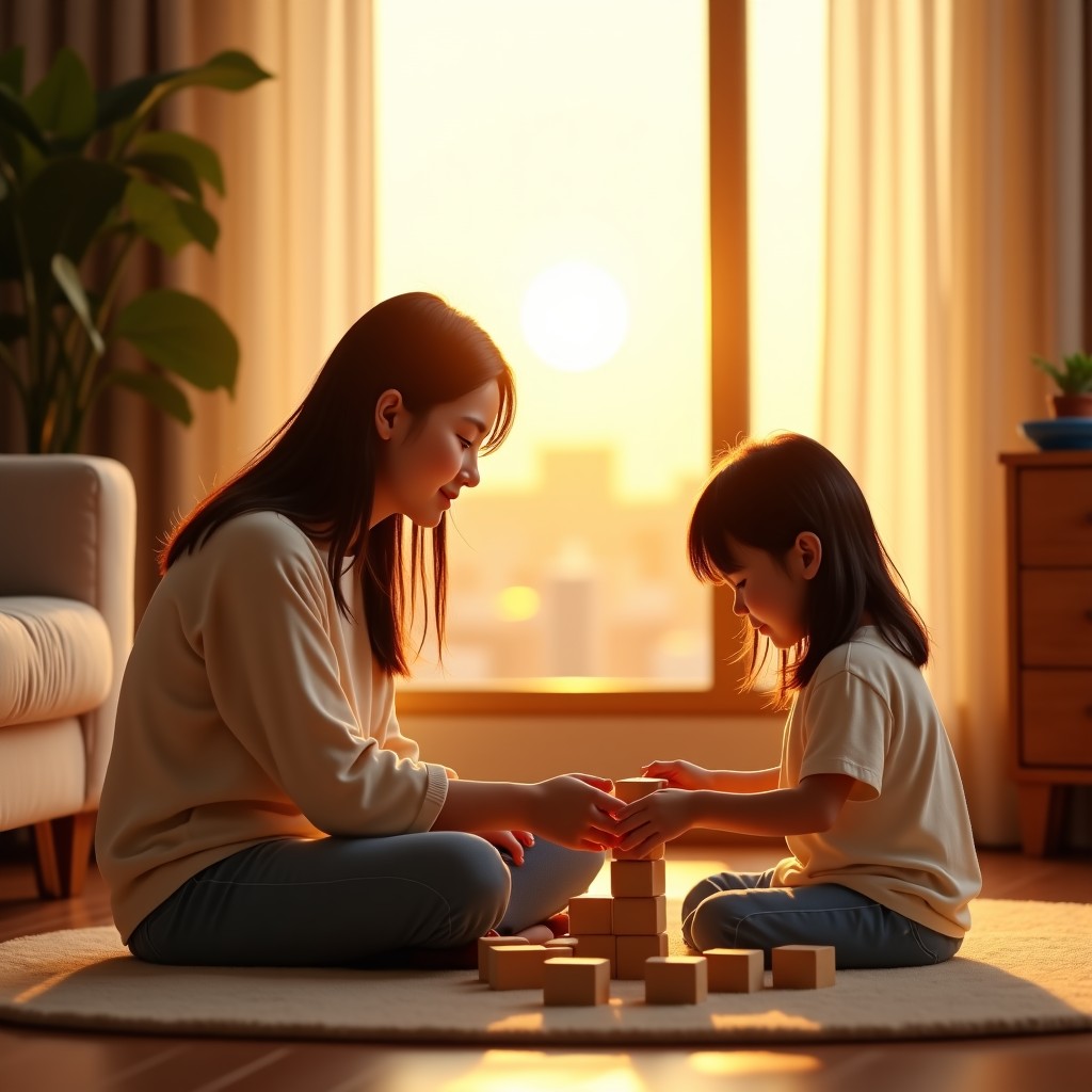 A warm and cozy Korean living room during sunset. A young Korean mother and her 8-year-old daughter are sitting on a soft rug, playing with wooden blocks and laughing. The atmosphere is peaceful and loving. Realistic lifestyle photography, 1:1