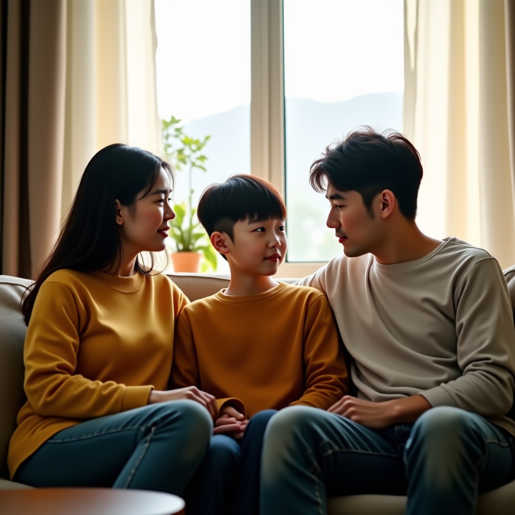 A Korean parents and a teenage boy sitting on a sofa in a cozy living room having a serious but warm conversation, soft sunlight through the window, lifestyle photography, 1:1