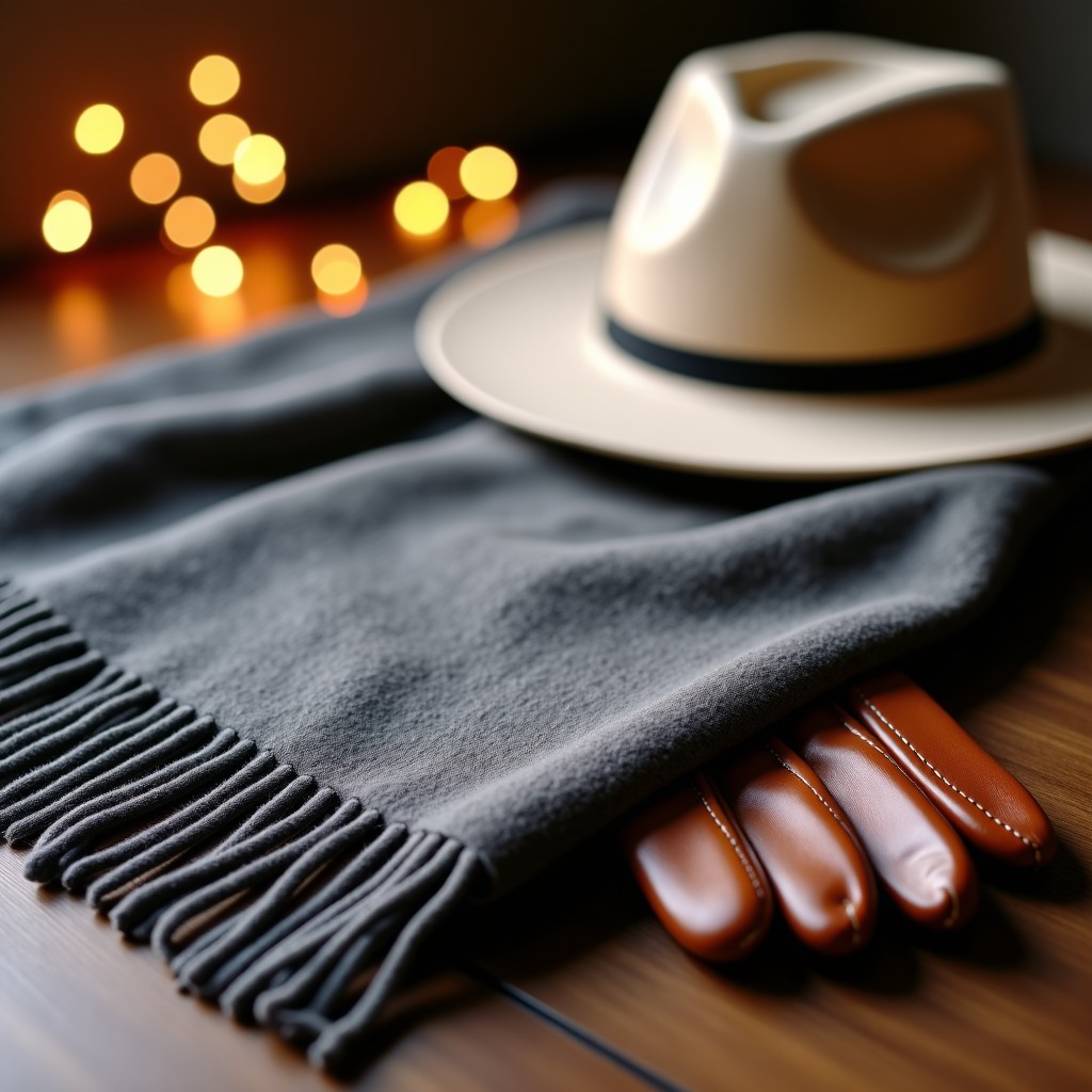Close-up of high-quality wool scarf, leather gloves, and a warm hat arranged aesthetically on a wooden table. Warm and cozy lighting, soft textures, winter vibe. 1:1