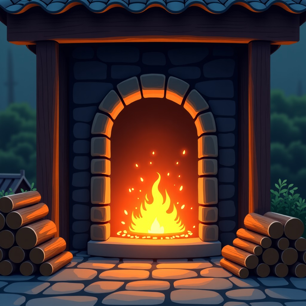 A traditional Korean charcoal kiln entrance with warm glowing embers visible inside, stacks of firewood nearby, rustic and authentic atmosphere, soft lighting, 4:3