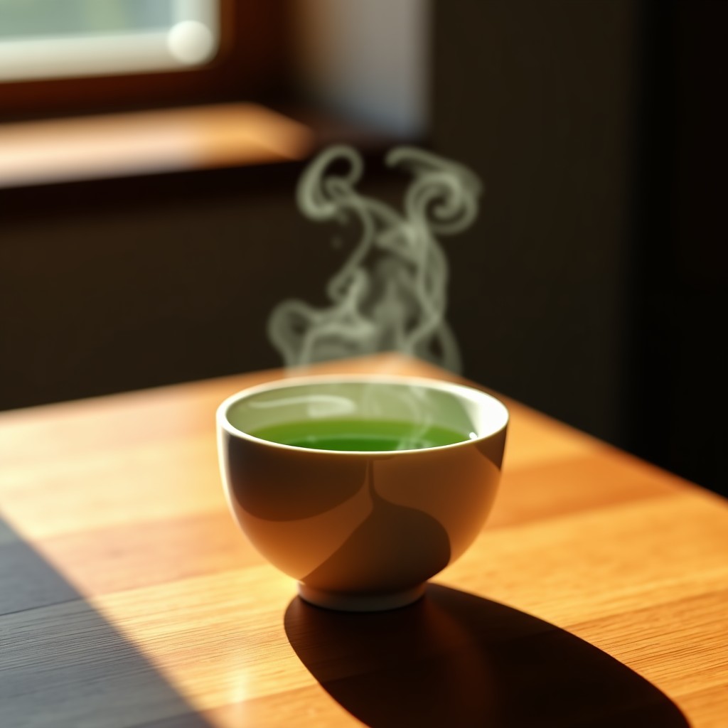A steaming cup of green mugwort tea in a minimalist ceramic teacup on a wooden table, warm and cozy atmosphere, cinematic lighting, 4:3