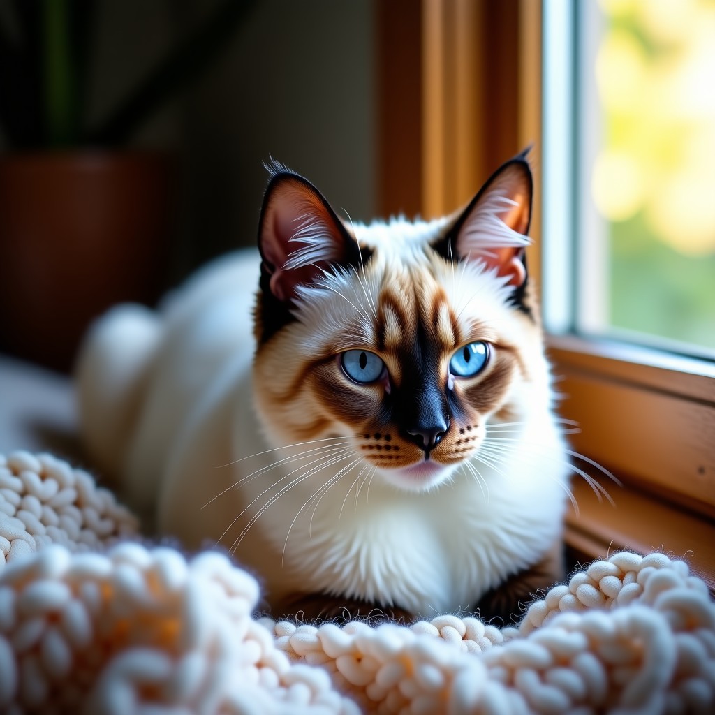A Siamese cat with beautiful blue eyes resting comfortably on a warm knitted blanket near a sunny window. Cozy and peaceful home atmosphere. 1:1