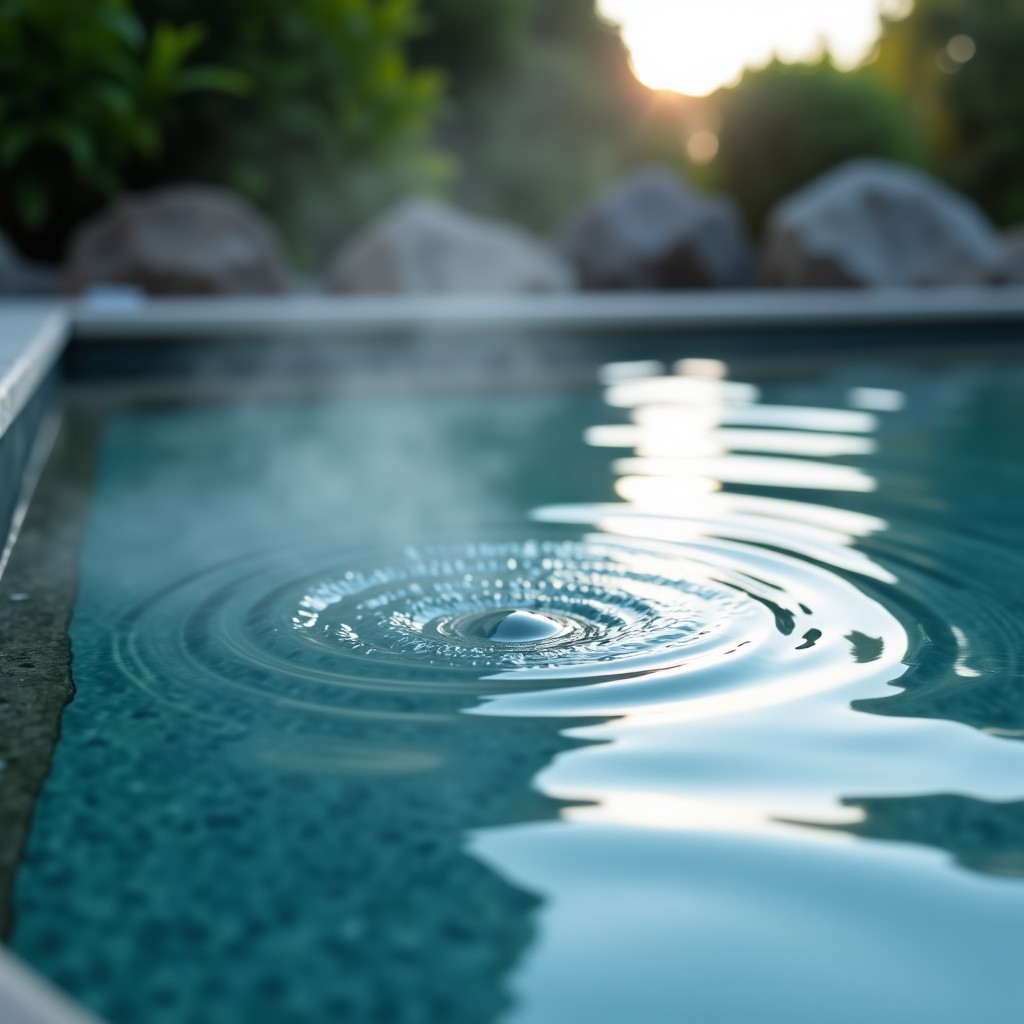Close up of clear warm water in a stone pool, ripples on the surface, soft steam rising, a peaceful and healing atmosphere, high resolution, 4:3